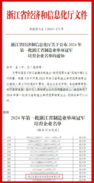 浙江托普云农科技股份有限公司入选2024年第一批浙江省制造业单项冠军培育企业名单